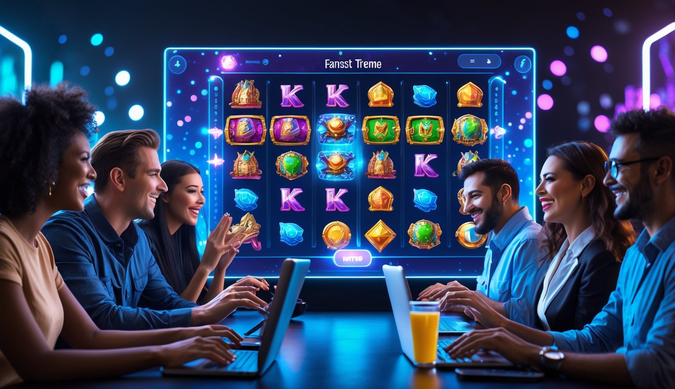 Beberapa orang sedang bermain permainan slot online dengan tema fantasi yang berwarna-warni di layar digital besar.