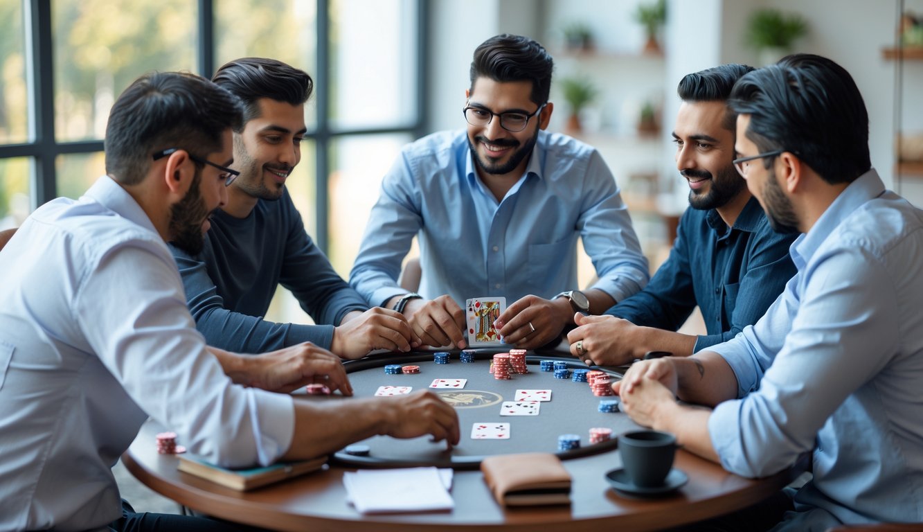 Beberapa pria duduk di sekitar meja bermain kartu Capsa dengan ekspresi serius dan fokus.
