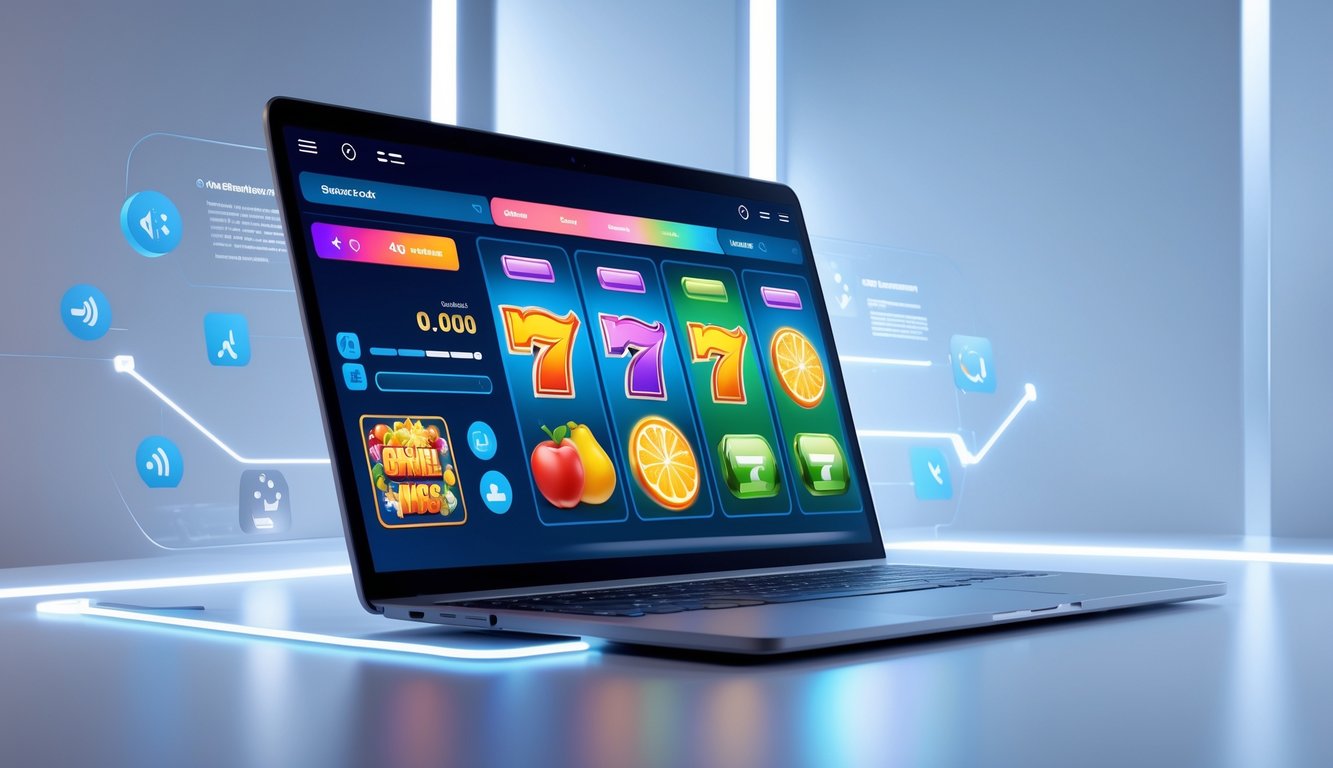 Layar komputer menampilkan permainan slot online dengan simbol warna-warni dan elemen digital yang menunjukkan navigasi cepat dan stabil.