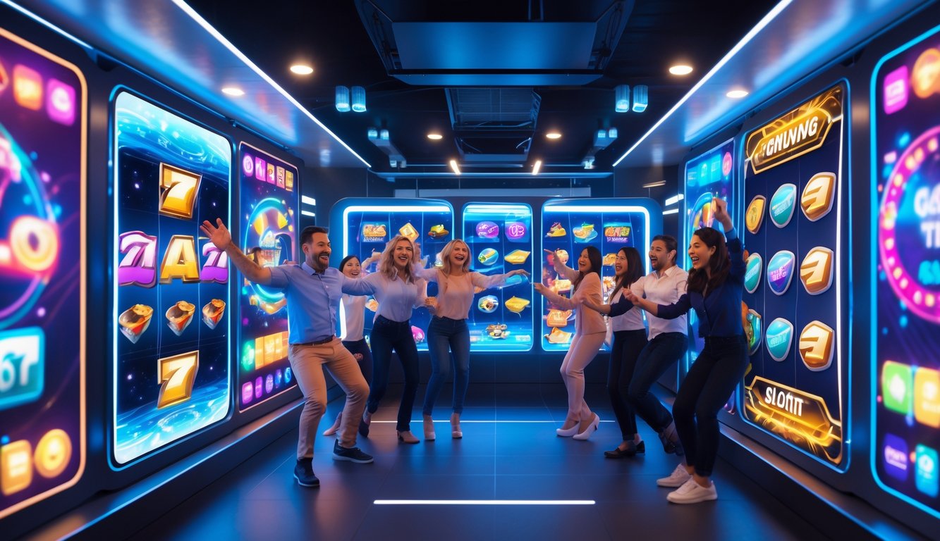 Orang-orang sedang bermain game slot online dengan antarmuka digital yang cerah dan futuristik di sebuah ruang permainan modern.