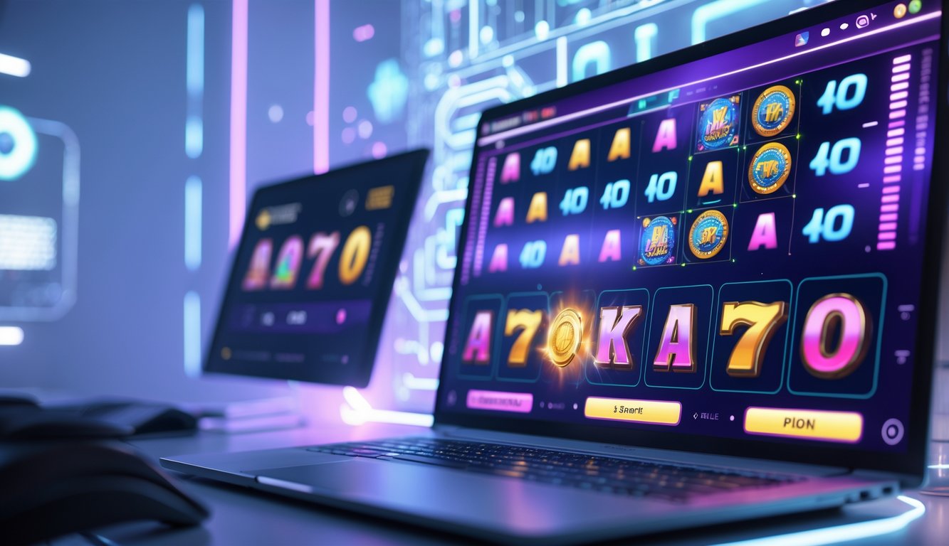 Tampilan layar komputer modern yang menampilkan permainan slot online dengan animasi gulungan yang stabil dan lingkungan teknologi futuristik.