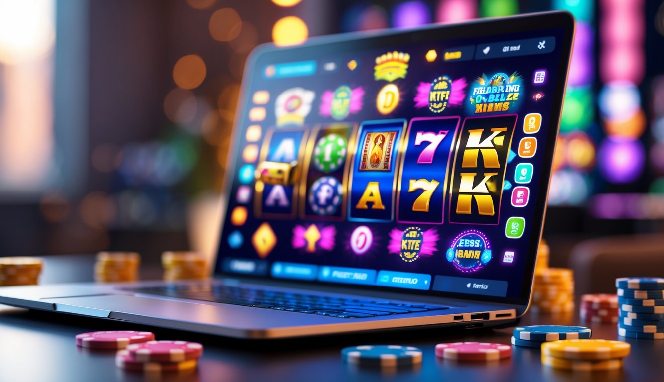 Layar komputer menampilkan permainan slot online berwarna-warni dengan simbol dan gulungan, dikelilingi chip poker dan kartu remi.