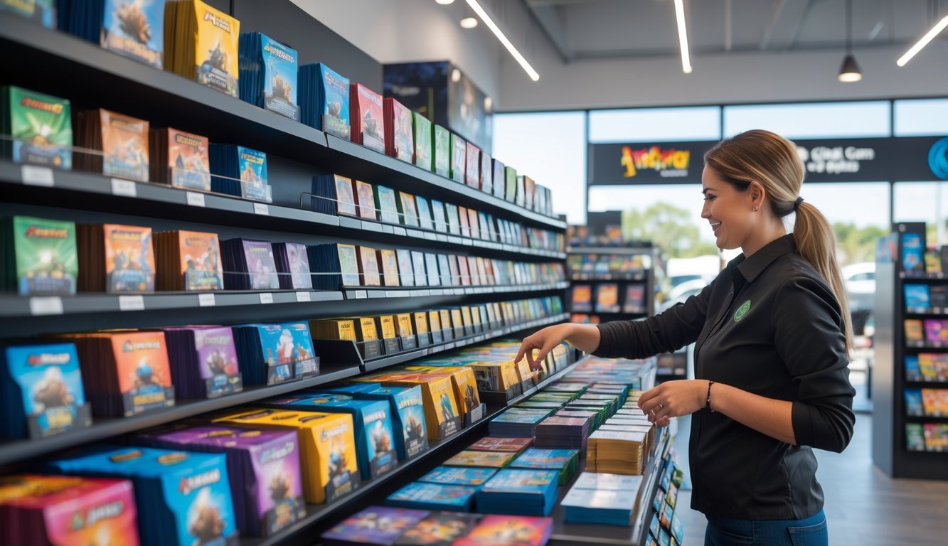 Suasana toko kartu resmi dengan rak yang rapi dan pegawai membantu pelanggan memilih paket kartu.