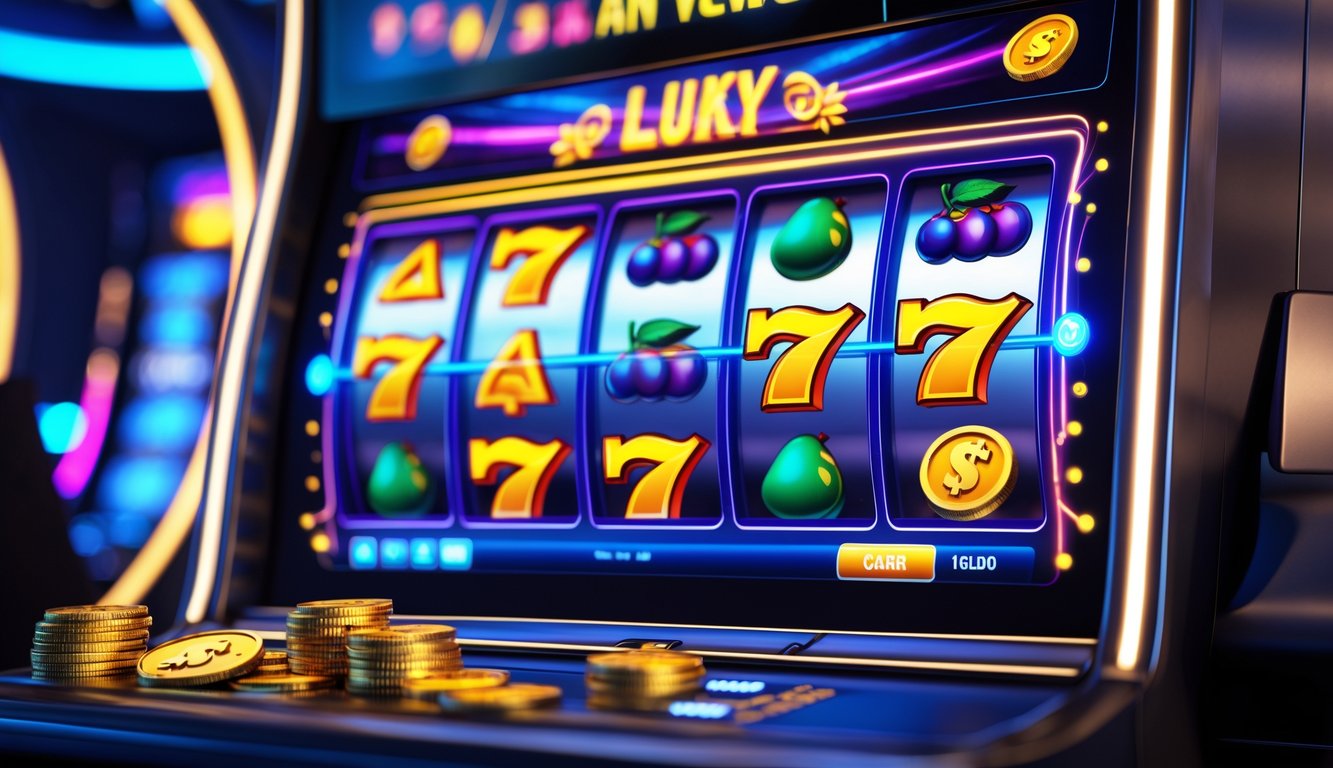 Mesin slot online dengan animasi grafis berwarna-warni dan latar belakang kasino modern.