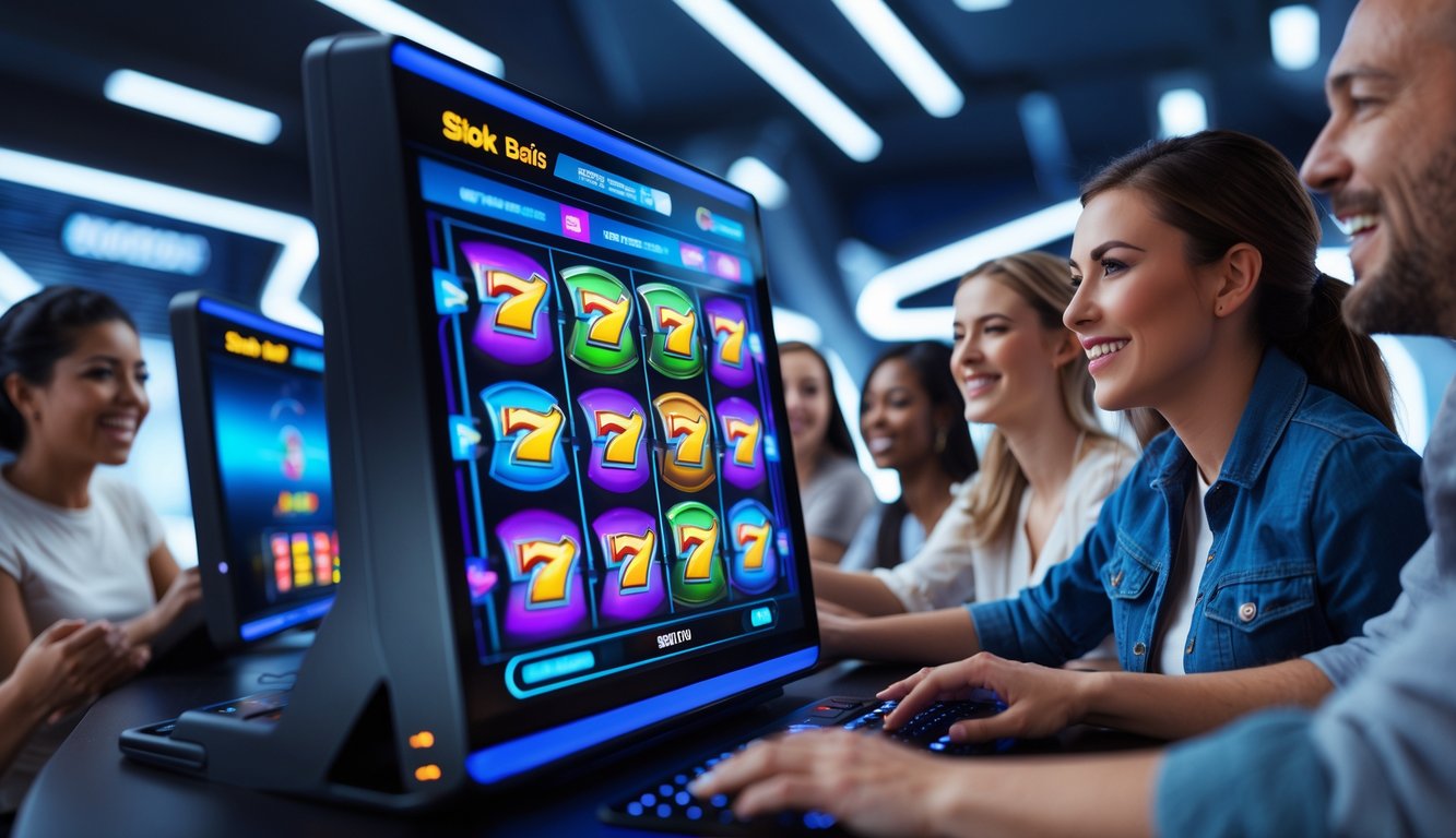 Beberapa orang bermain mesin slot online dengan antusias di layar komputer yang menampilkan gulungan berputar cepat.