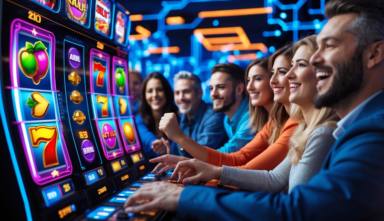 Sekelompok orang bermain mesin slot online dengan ekspresi antusias di depan layar komputer berwarna cerah.