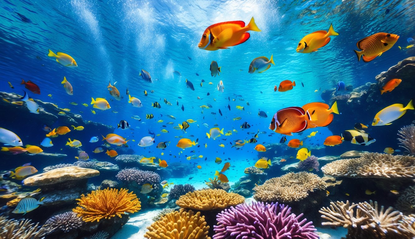 Pemandangan bawah laut yang penuh dengan terumbu karang berwarna-warni dan ikan tropis yang berenang ramai di air jernih dengan cahaya matahari menyinari.