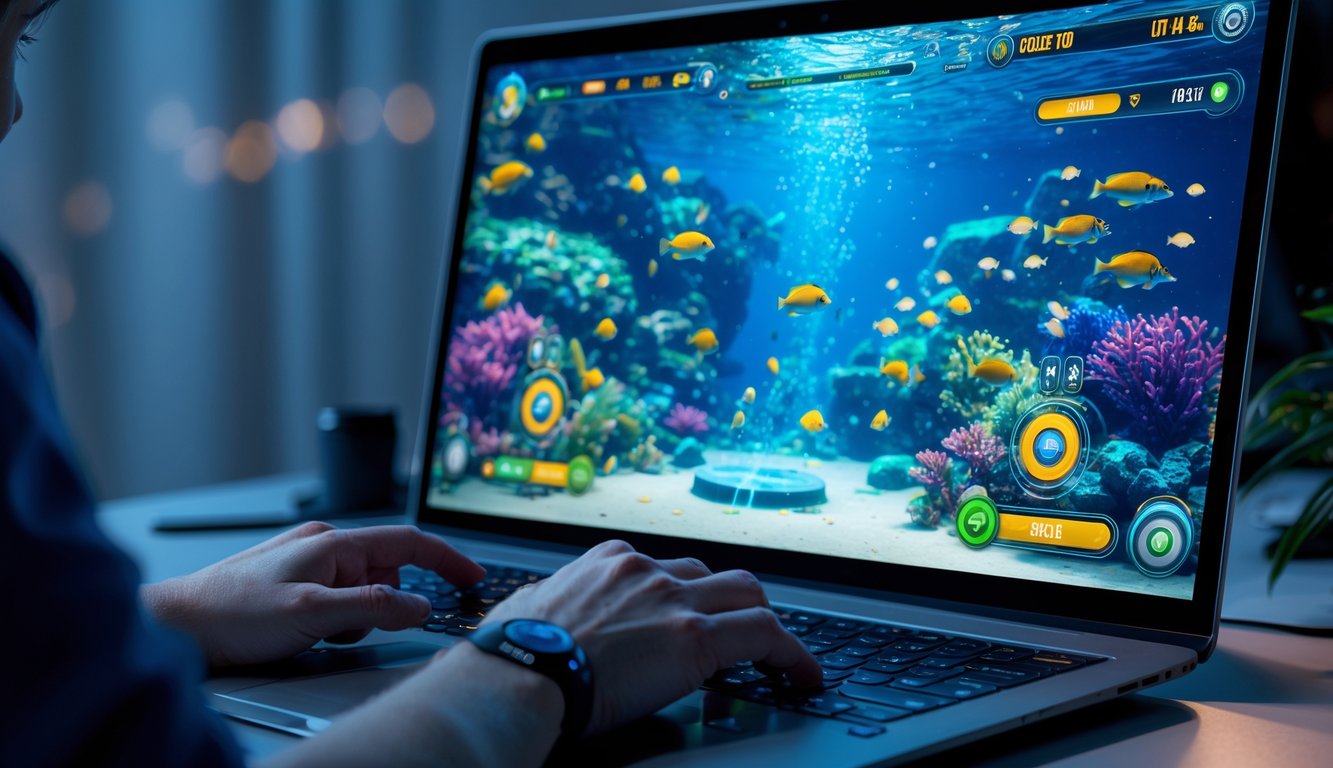 Seorang pemain menggunakan komputer dengan tampilan permainan ikan berwarna-warni di layar, menunjukkan suasana permainan online yang stabil dan interaktif.