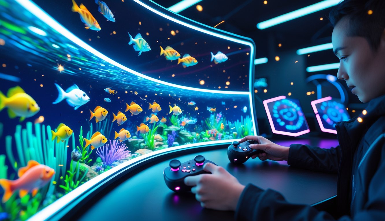 Seseorang menggunakan platform permainan tembak ikan online dengan layar menampilkan berbagai ikan berwarna-warni dan efek visual yang menarik.