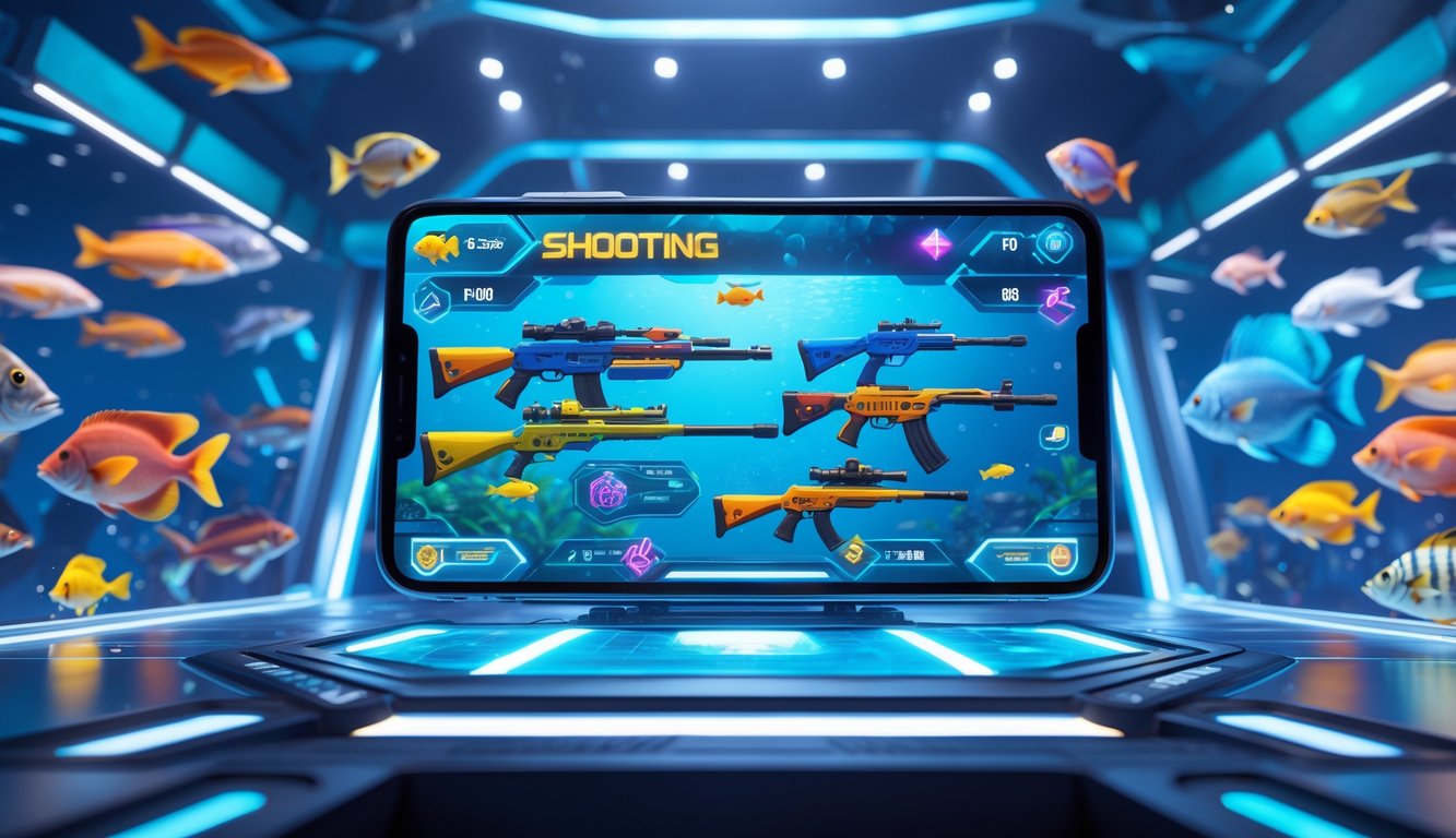 Tampilan layar permainan tembak ikan online dengan berbagai jenis senjata dan ikan berwarna-warni di latar belakang.