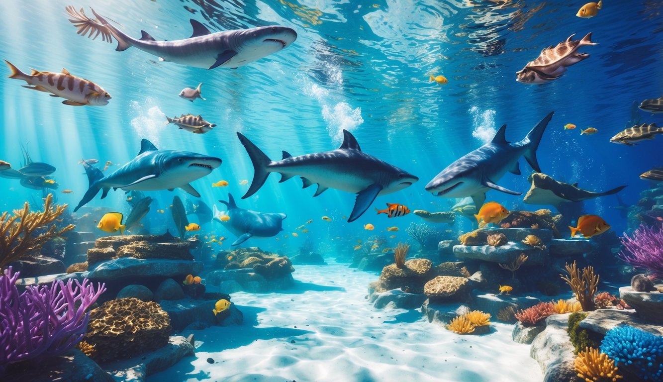 Pemandangan bawah laut dengan berbagai monster laut berwarna-warni berenang di antara terumbu karang dan tanaman air.