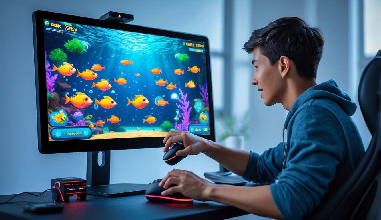 Seorang pemain muda sedang bermain game tembak ikan online dengan layar komputer yang menampilkan ikan-ikan warna-warni di bawah laut.