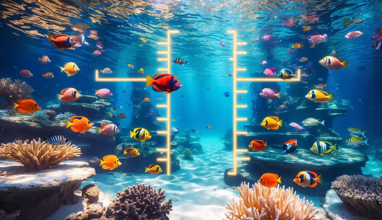 Pemandangan bawah laut yang penuh warna dengan berbagai ikan tropis berenang di antara terumbu karang.