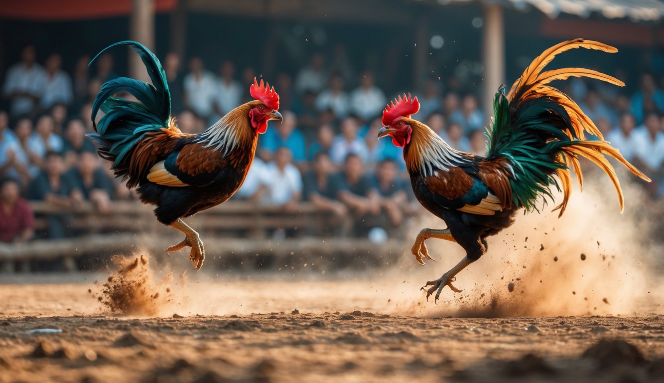 Dua ayam jago sedang bertarung di arena sabung ayam dengan penonton di latar belakang.