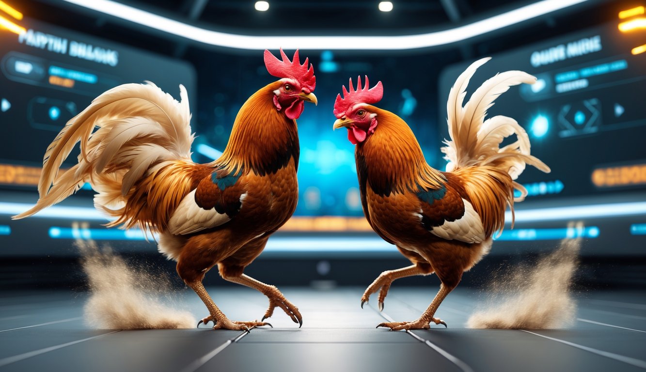 Dua ayam jago sedang bertarung dengan latar belakang digital modern yang menunjukkan suasana pertandingan sabung ayam online.