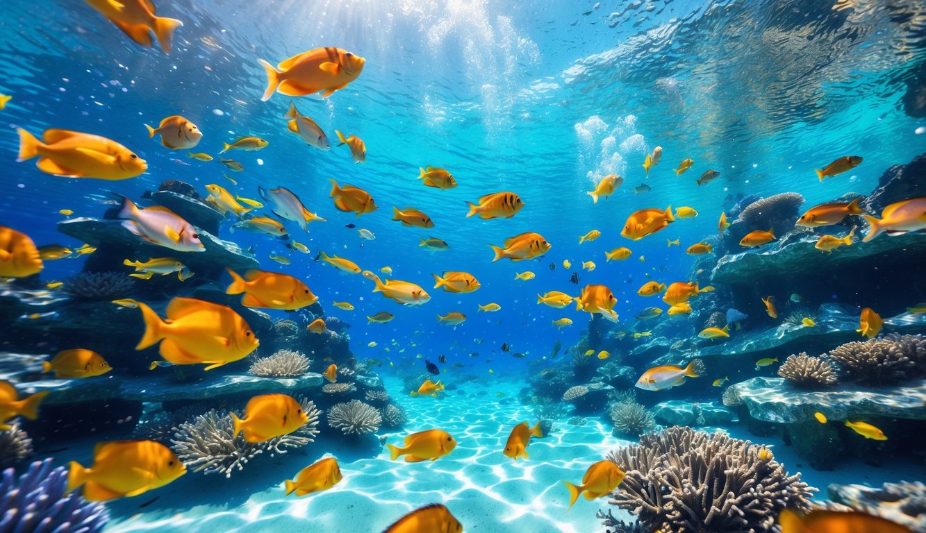 Pemandangan bawah laut yang penuh ikan warna-warni dan terumbu karang di laut yang jernih.