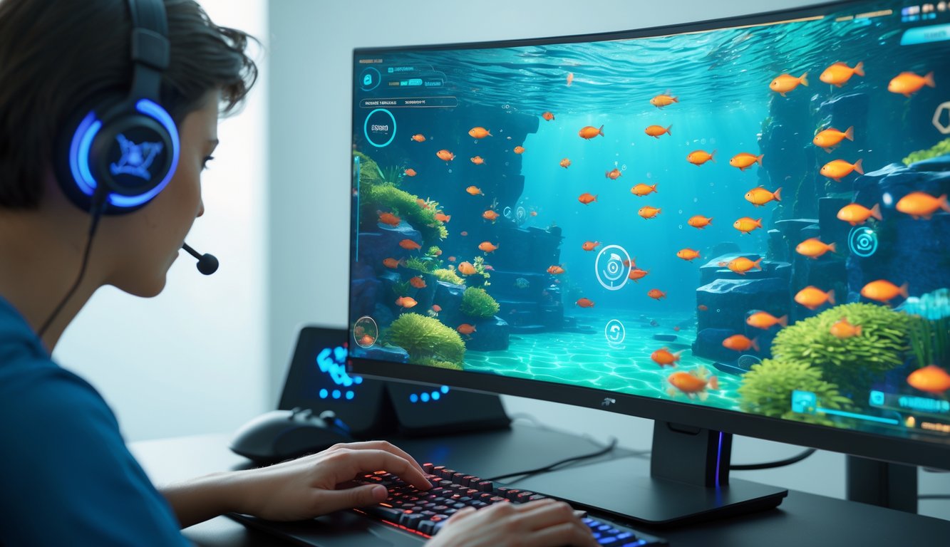 Seseorang sedang bermain permainan menembak ikan secara online dengan layar komputer yang menampilkan ikan-ikan berwarna-warni di bawah laut.