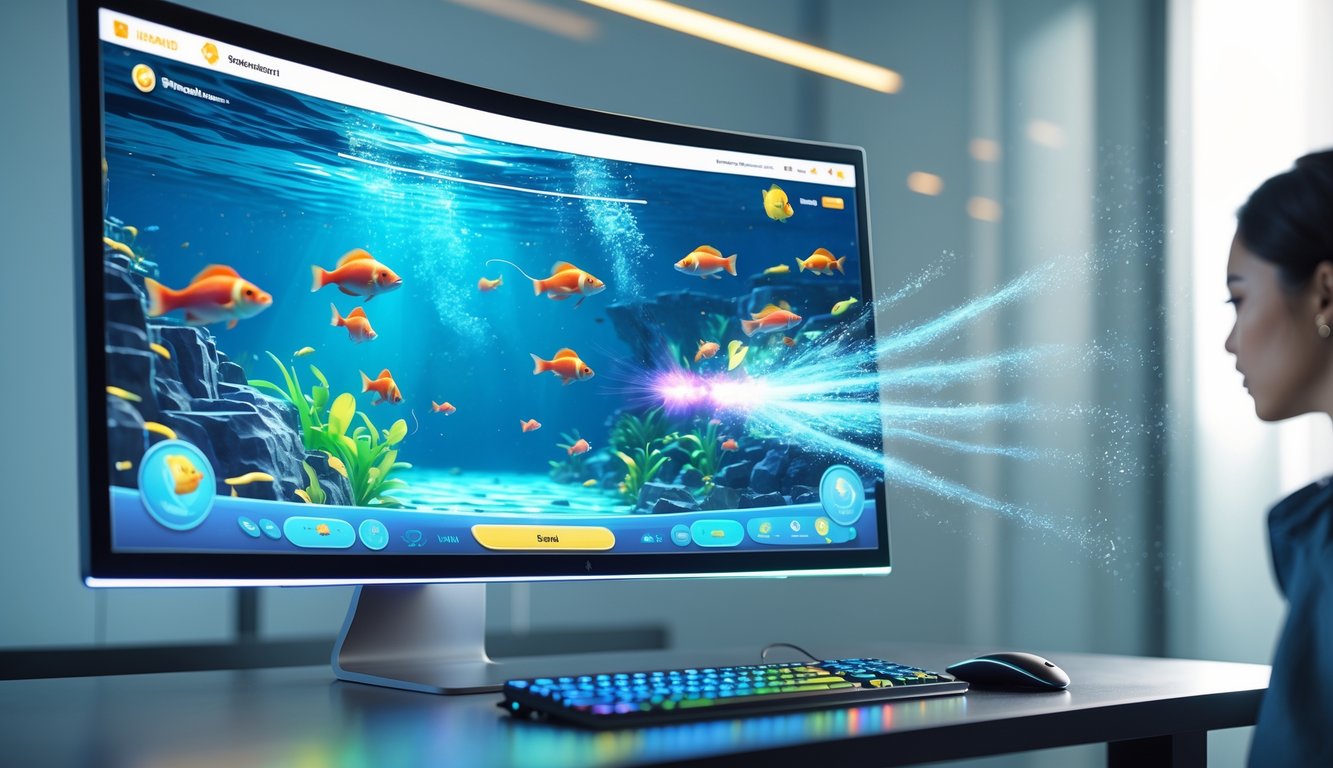 Tampilan antarmuka permainan tembak ikan online modern dengan animasi ikan berwarna-warni dan efek tembakan yang jelas pada layar komputer.