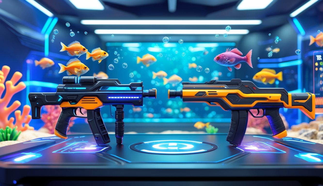 Tampilan arena tembak ikan online dengan berbagai jenis senjata dan latar bawah laut yang penuh warna.