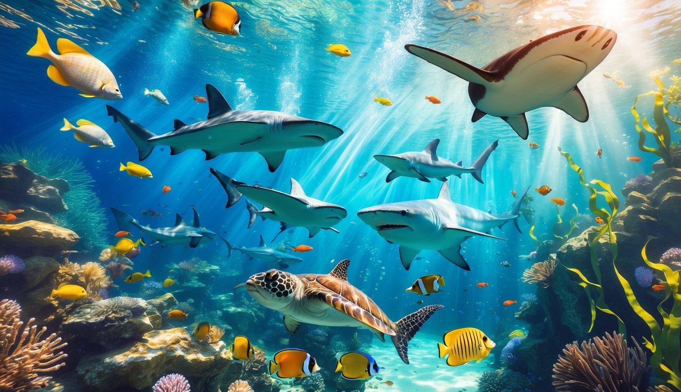 Pemandangan bawah laut yang penuh dengan berbagai makhluk laut seperti ikan tropis berwarna-warni, hiu, pari manta, dan penyu laut yang berenang di antara terumbu karang dan rumput laut.