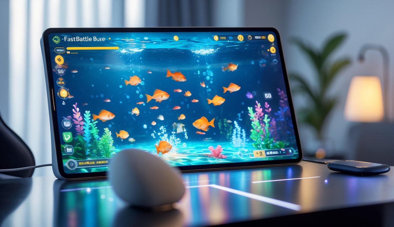 Layar perangkat menampilkan permainan menembak ikan dengan visual bawah laut yang penuh warna dan efek animasi cepat.