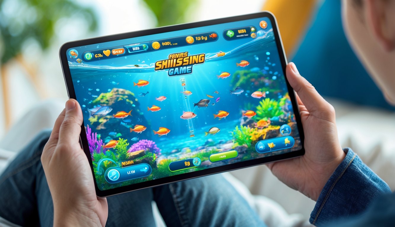 Seseorang memegang perangkat digital yang menampilkan permainan menembak ikan dengan berbagai ikan berwarna-warni dan tantangan misi di layar.