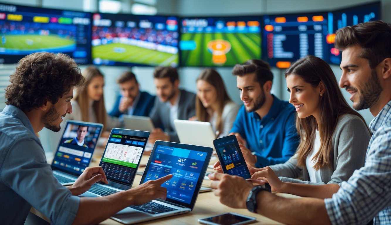 Beberapa orang muda menggunakan perangkat digital untuk melihat berbagai acara olahraga dan bertaruh secara online.