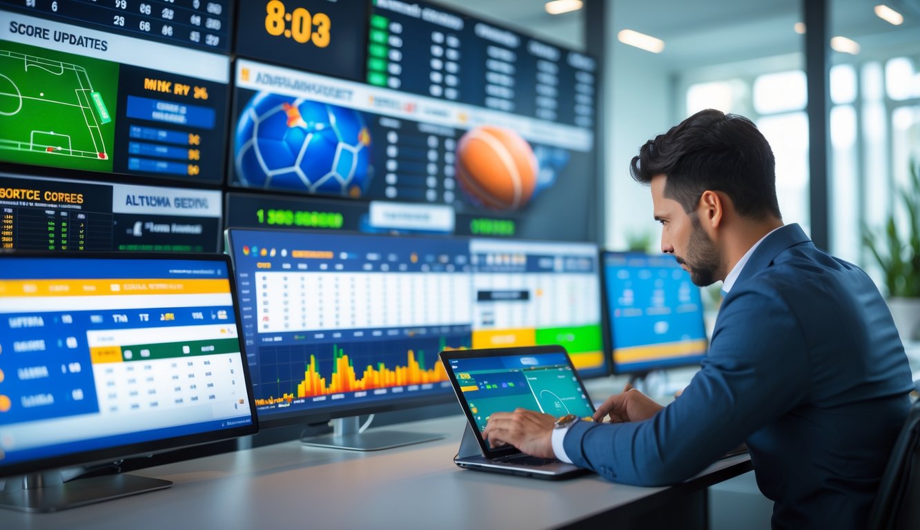 Seseorang menggunakan laptop di meja kerja dengan beberapa monitor menampilkan skor olahraga secara otomatis dan data statistik dalam lingkungan kantor modern.