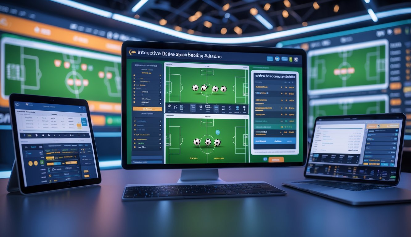 Suasana arena taruhan olahraga online dengan layar digital menampilkan prediksi pertandingan dan statistik secara real-time.