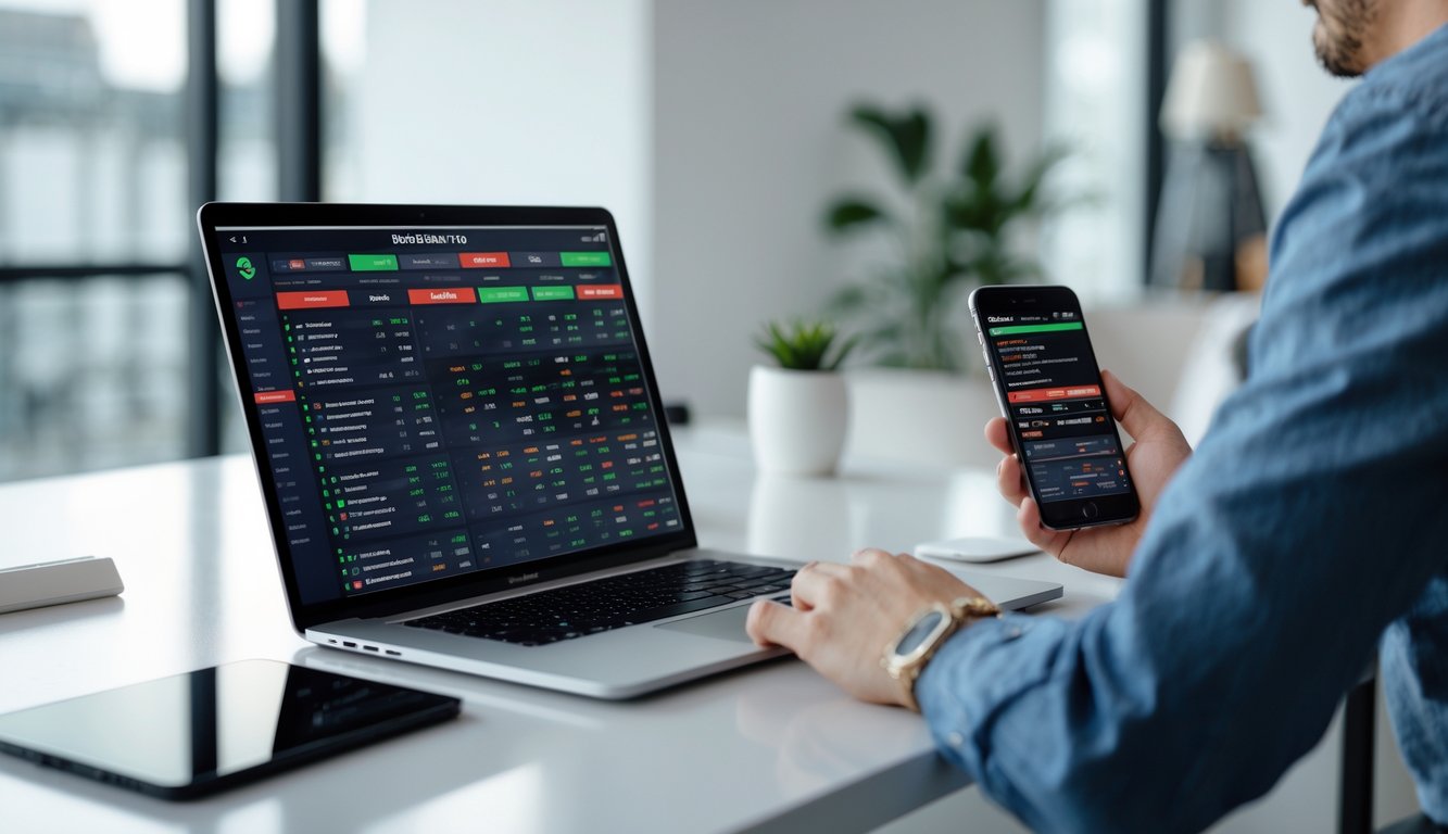 Seseorang menggunakan laptop dan ponsel untuk melihat jadwal pertandingan olahraga secara online di meja kerja yang rapi.