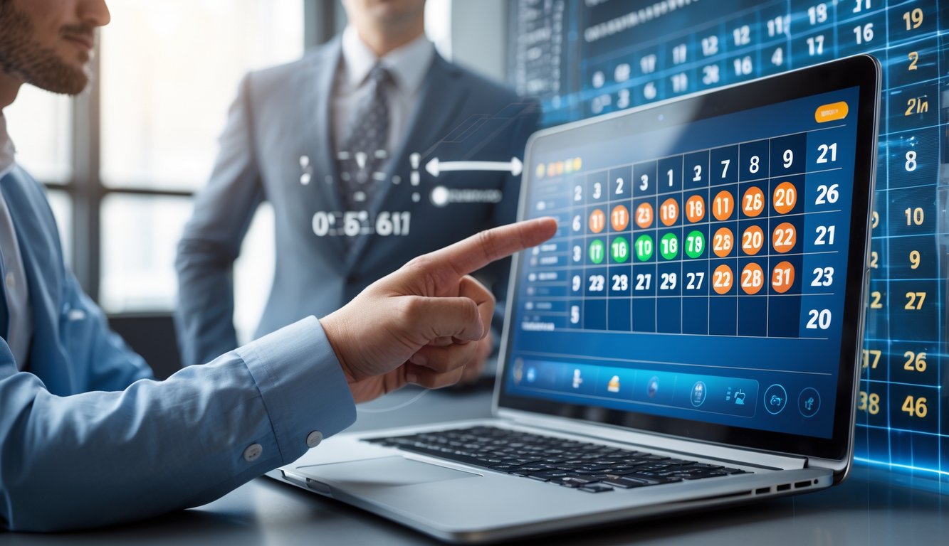 Seorang profesional menunjuk layar laptop yang menampilkan angka lotre dengan kalender dan jam di meja, menggambarkan jadwal penarikan angka tepat waktu.