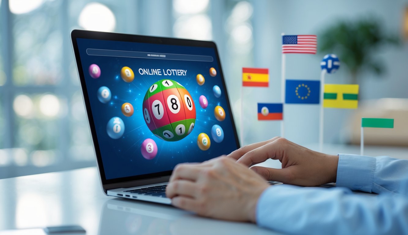 Seseorang menggunakan komputer dengan tampilan bola lotere berwarna-warni di layar, dikelilingi oleh bendera berbagai negara.