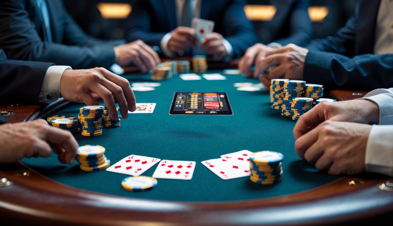 Meja poker dengan tampilan digital HD yang elegan dan beberapa tangan pemain memegang kartu dalam suasana permainan interaktif.