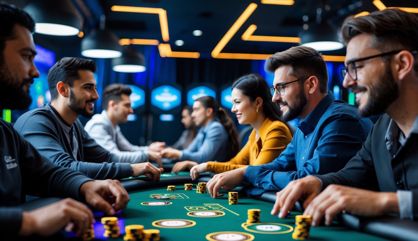 Beberapa pemain poker online sedang bermain dengan fokus di layar komputer dalam suasana kasino virtual yang ramai dan modern.