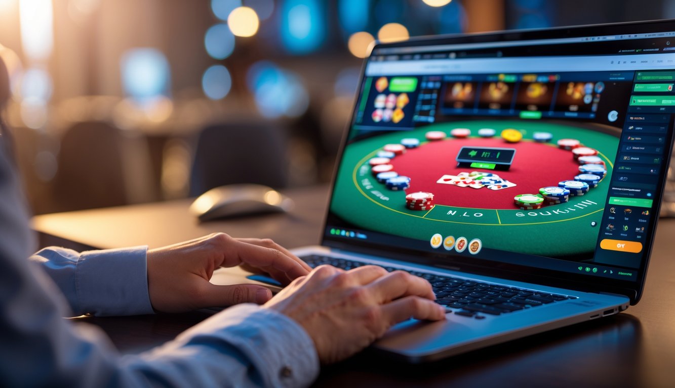Seseorang sedang bermain poker online di laptop dengan tampilan permainan yang responsif dan dinamis.