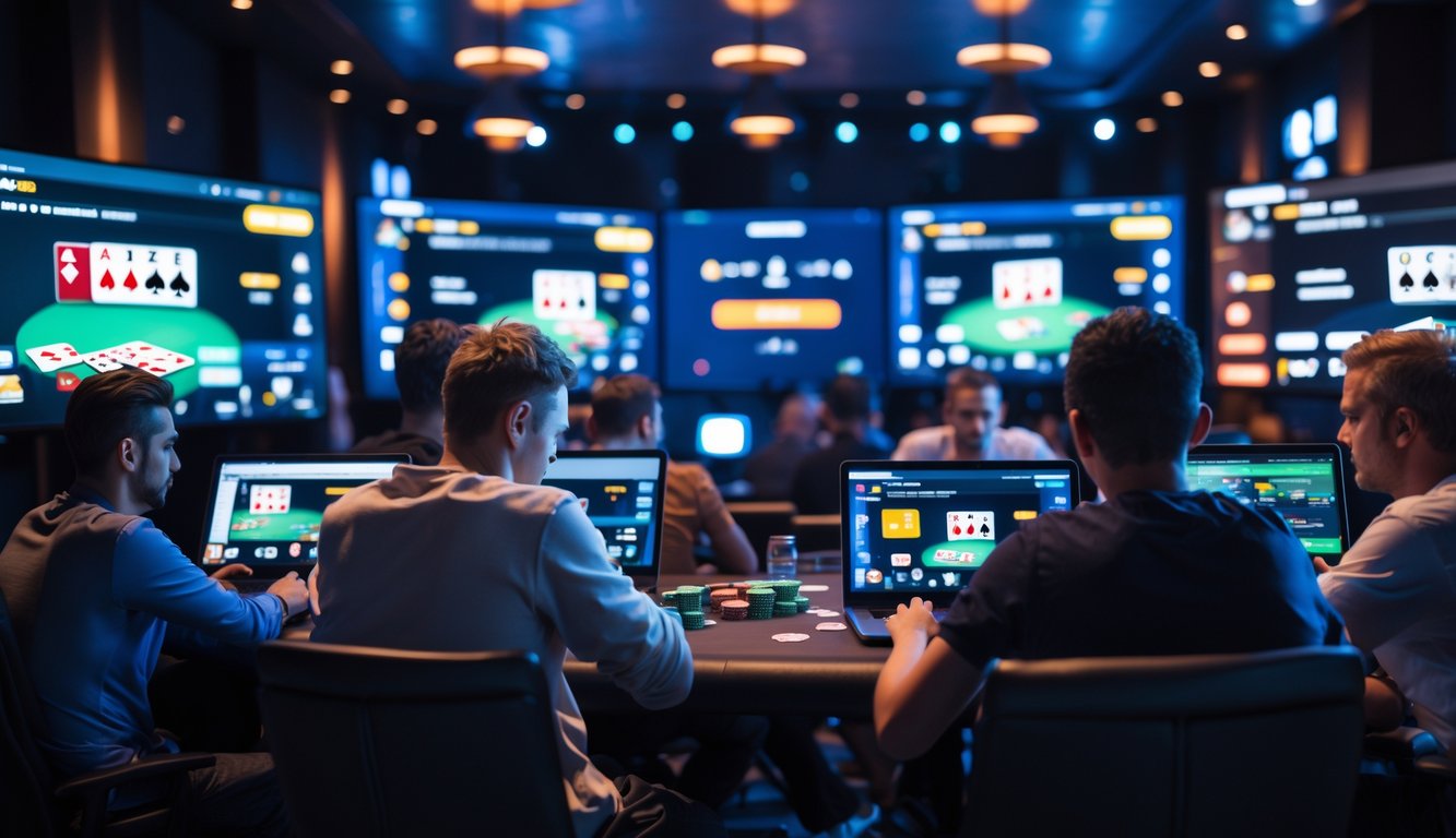 Sekelompok pemain poker online yang serius dan fokus bermain di ruang dengan beberapa layar dan perangkat digital.