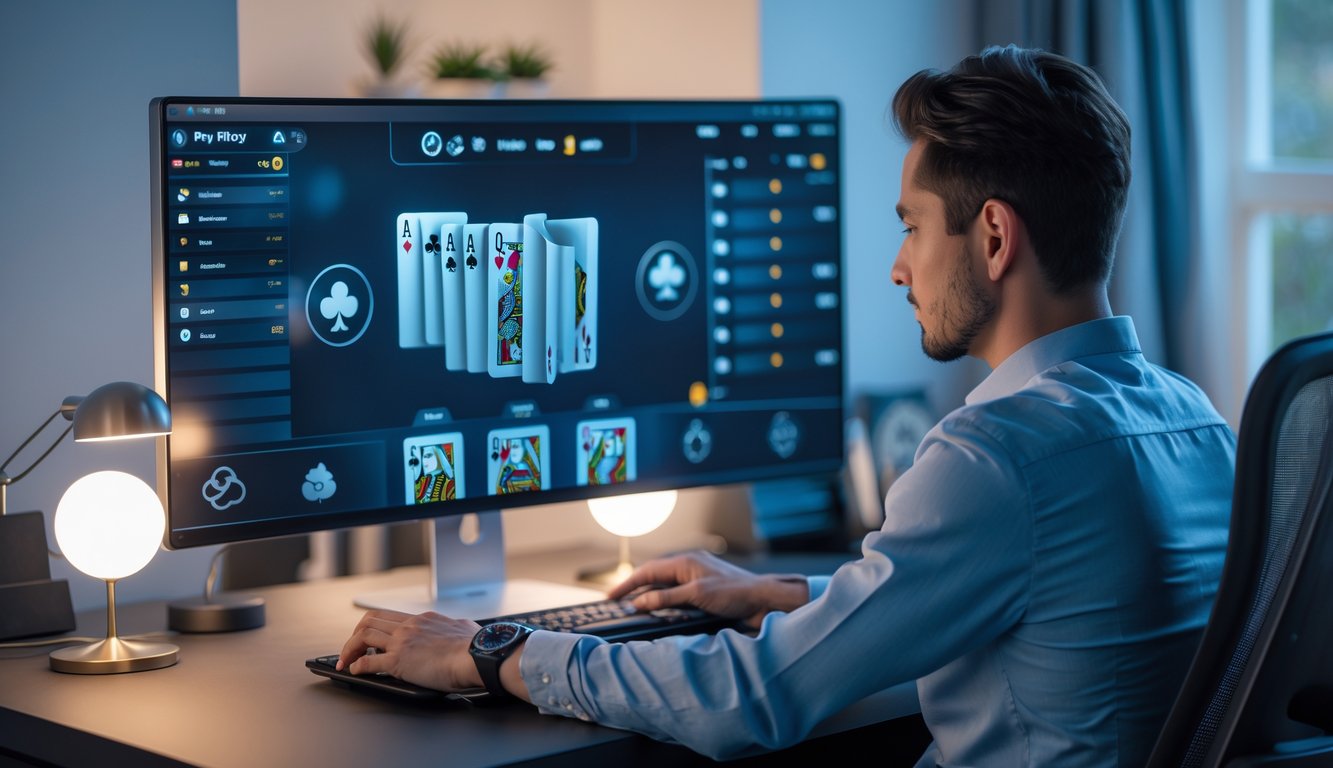Seorang pemain poker online profesional sedang bermain di depan komputer di ruang kerja yang rapi dan terang.