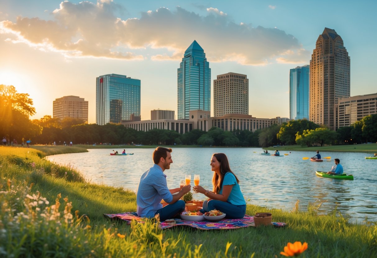 A young couple having a picnic by Lady Bird Lake with the Austin skyline in the background at sunset.