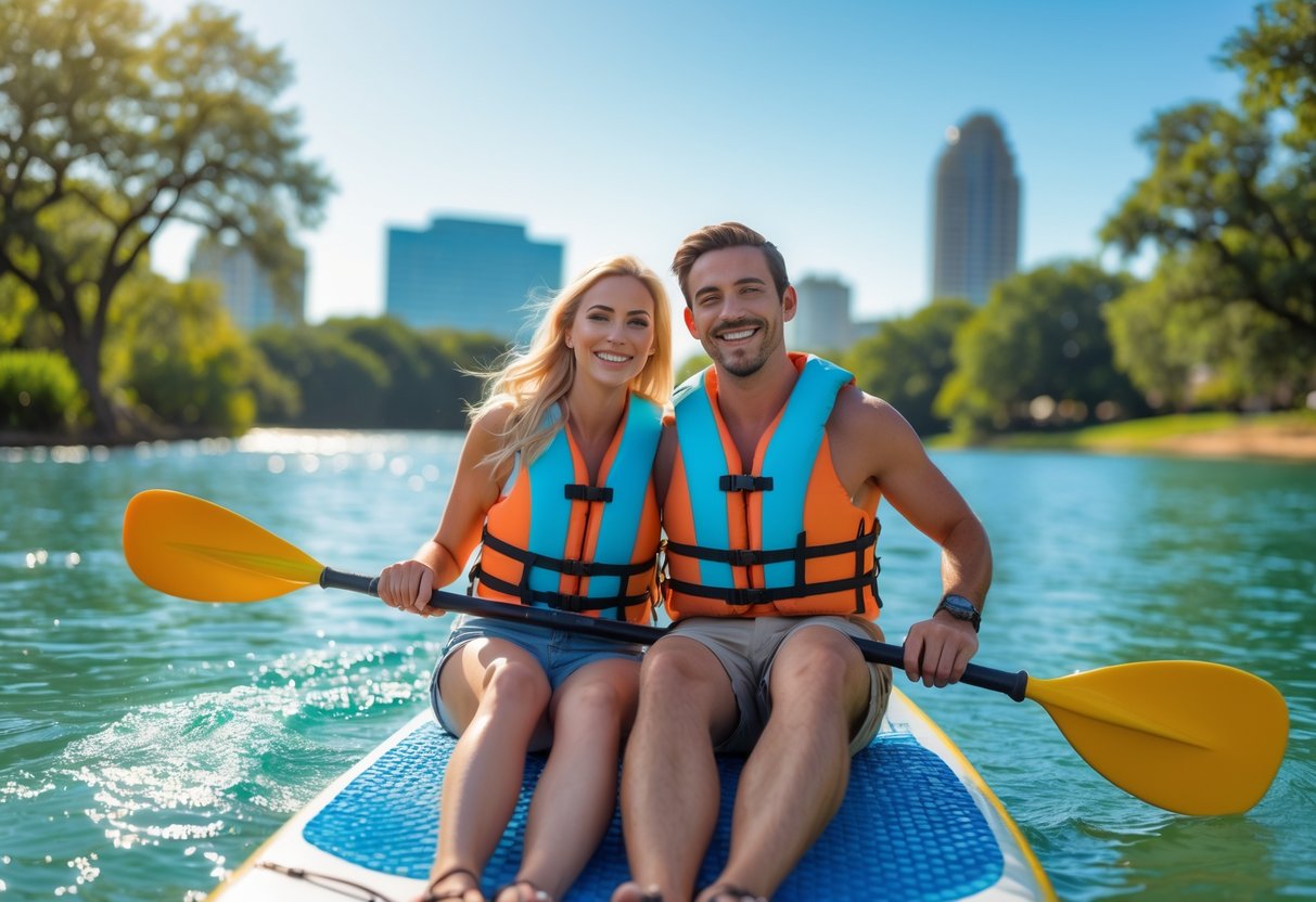 A couple paddleboarding together on a lake with trees and a city skyline in the background.