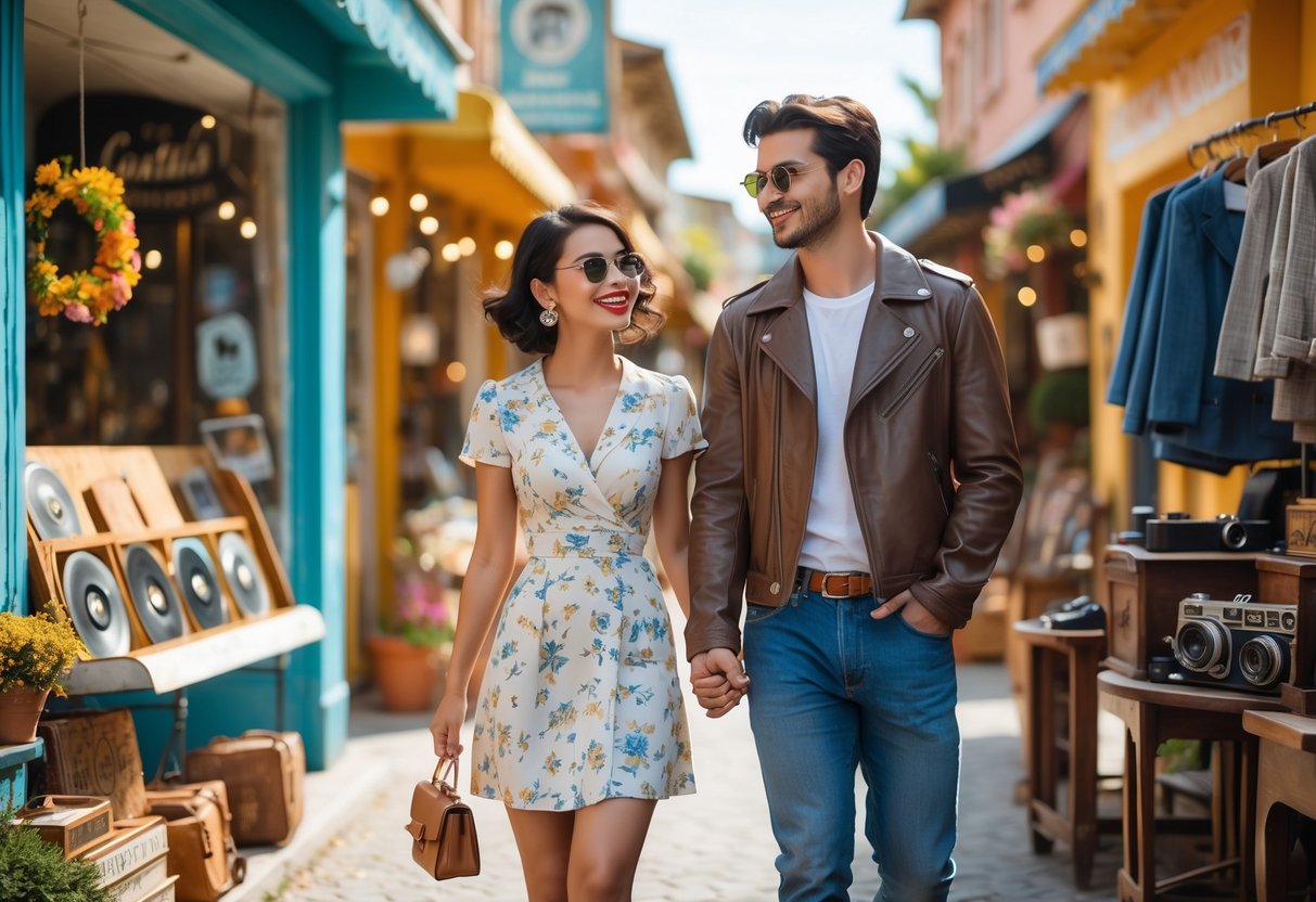 A young couple walking hand in hand browsing vintage shops on a sunny street filled with antique items and colorful storefronts.