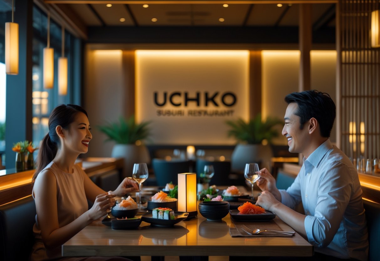 A couple enjoying a sushi dinner together at a stylish restaurant table.