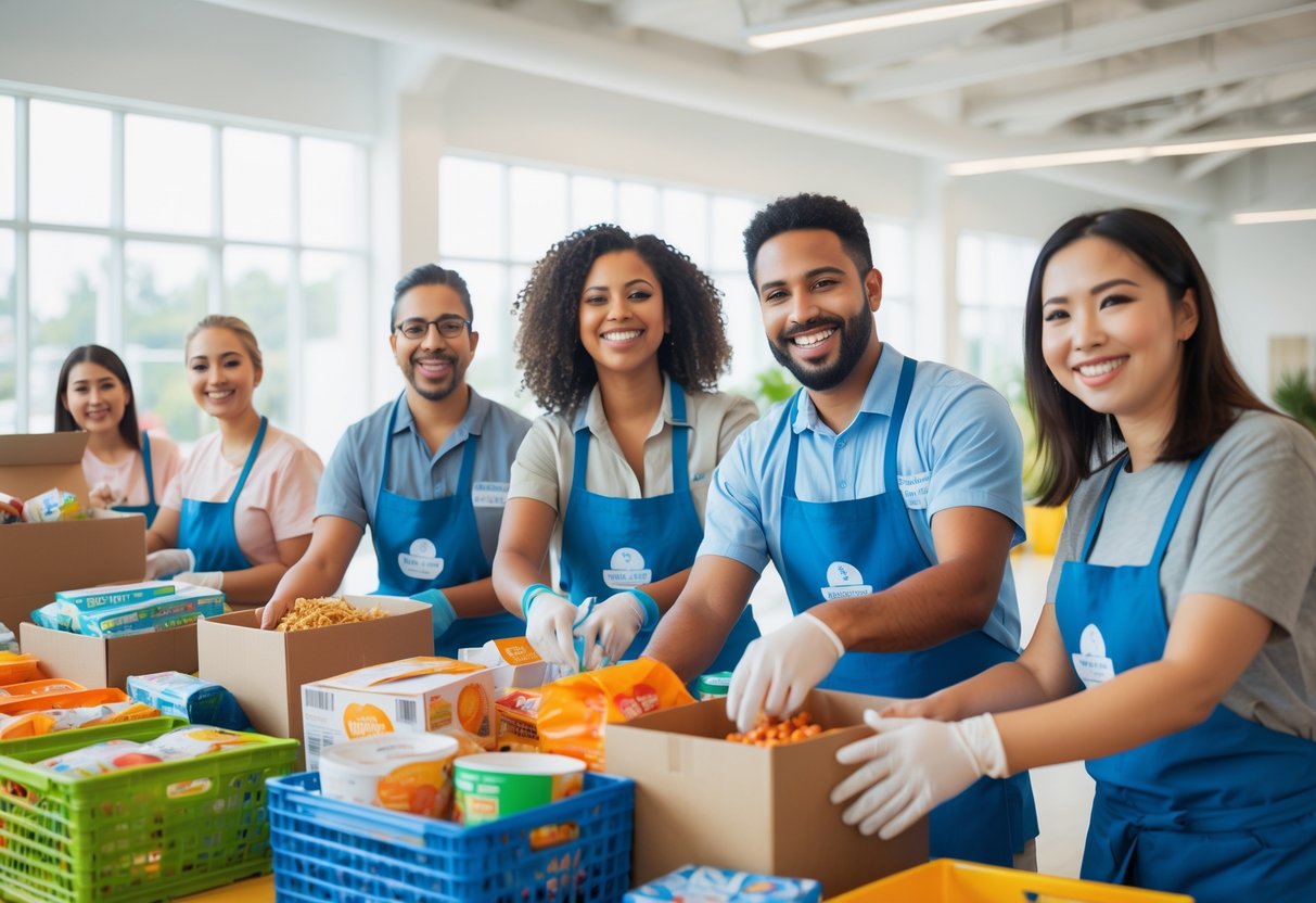 A group of volunteers packing food boxes and organizing supplies together in a community center.