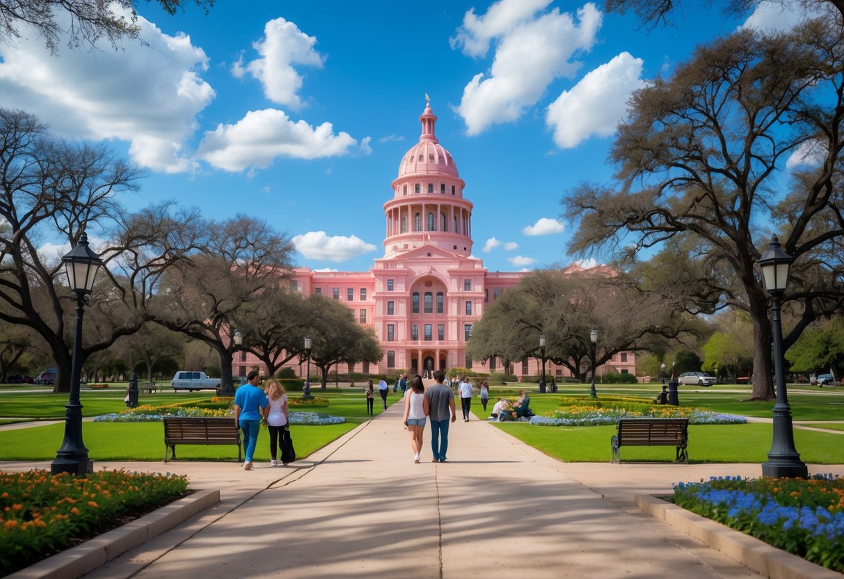 People enjoying sunny day on the green lawns and walkways around the Texas State Capitol building in Austin.
