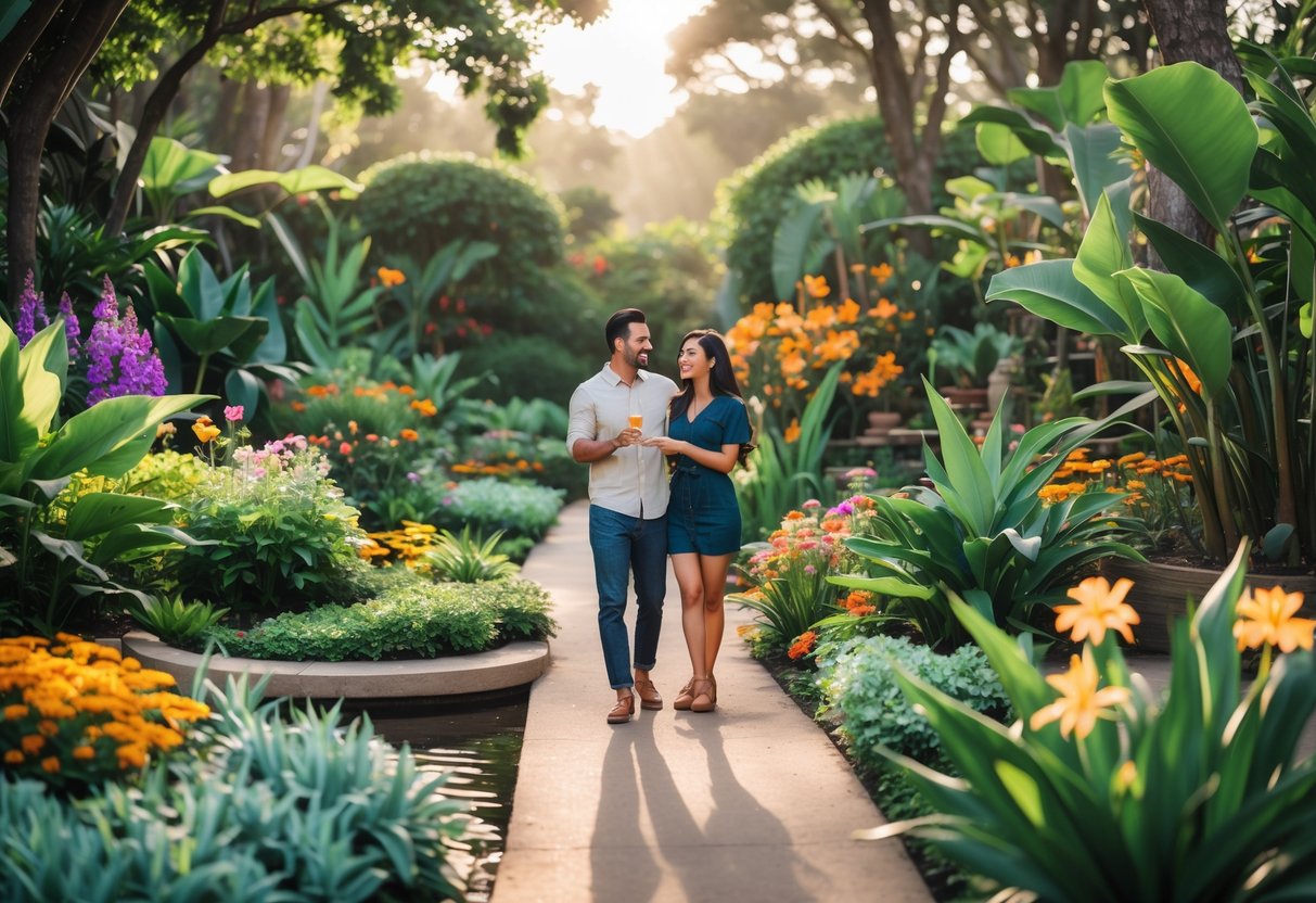 A couple enjoying a walk together in a colorful botanical garden surrounded by plants and flowers.