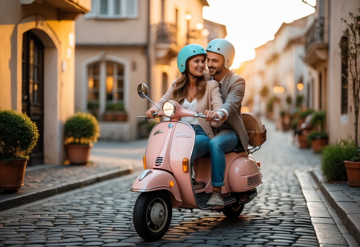 A couple riding a pastel-colored Vespa scooter together on a cobblestone street with European-style buildings in the background.