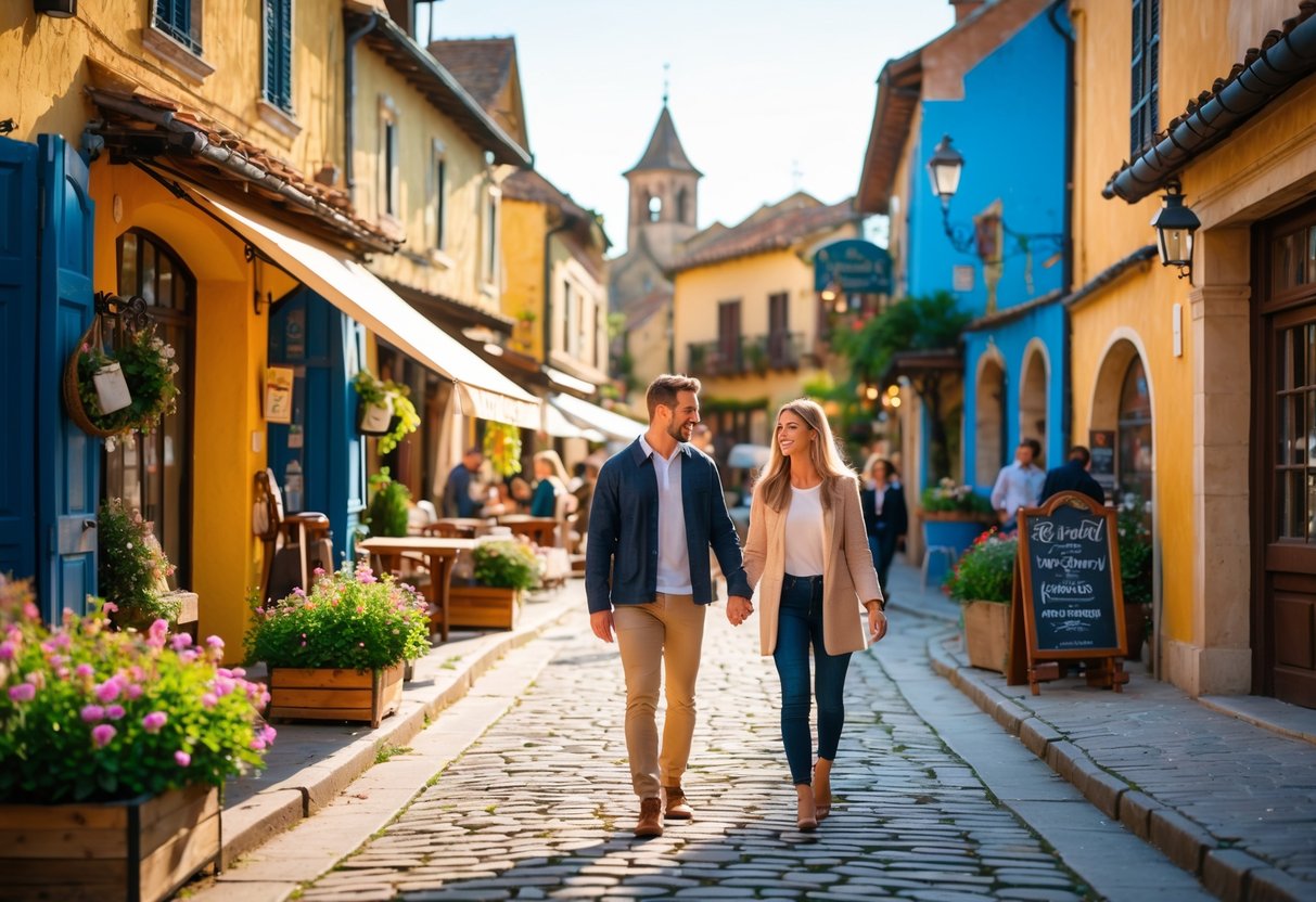 A couple walking hand-in-hand along a cobblestone street in a colorful village with historic buildings and outdoor cafes.