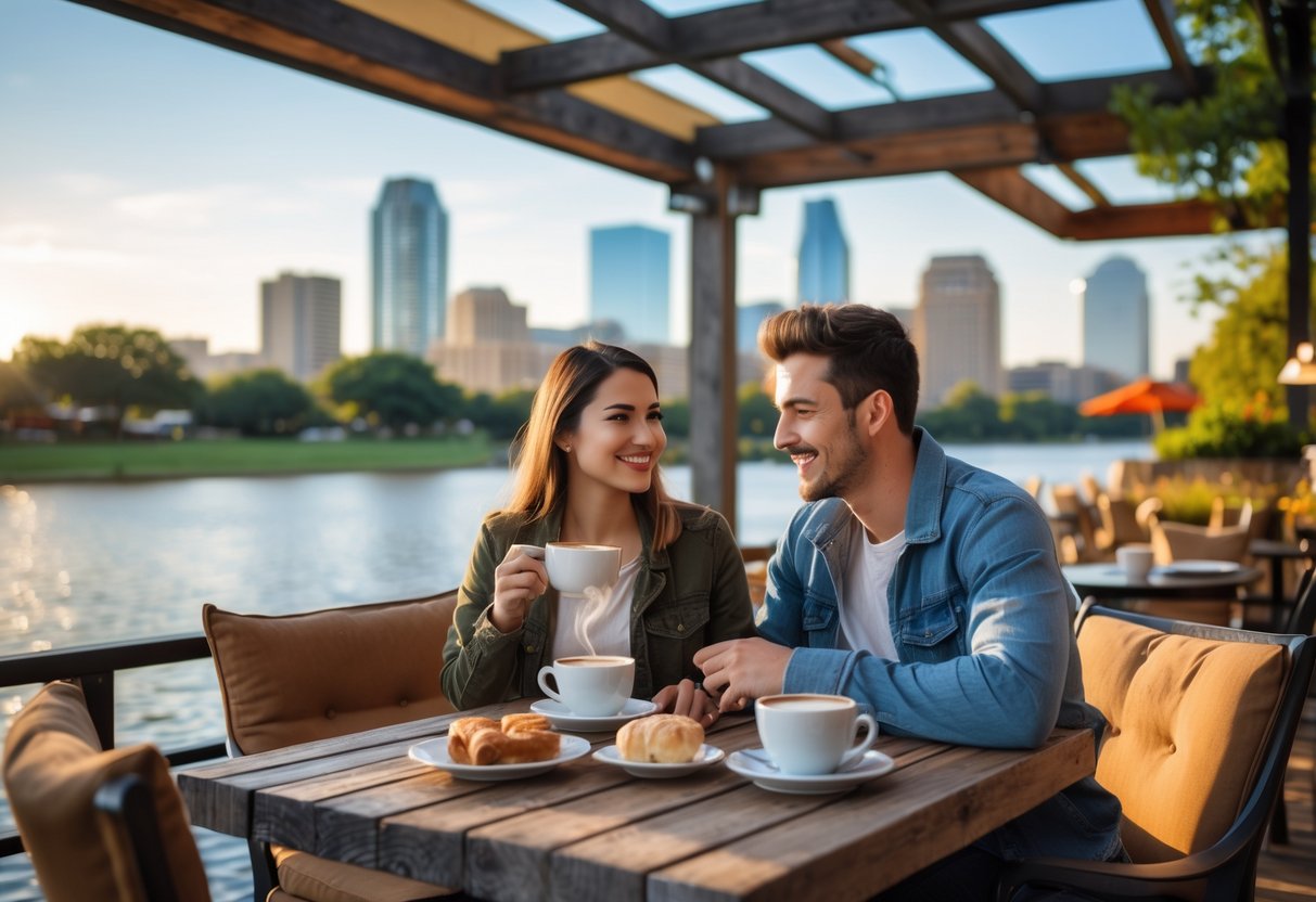 A young couple enjoying coffee together at an outdoor cafe by the water with the Austin skyline in the background.