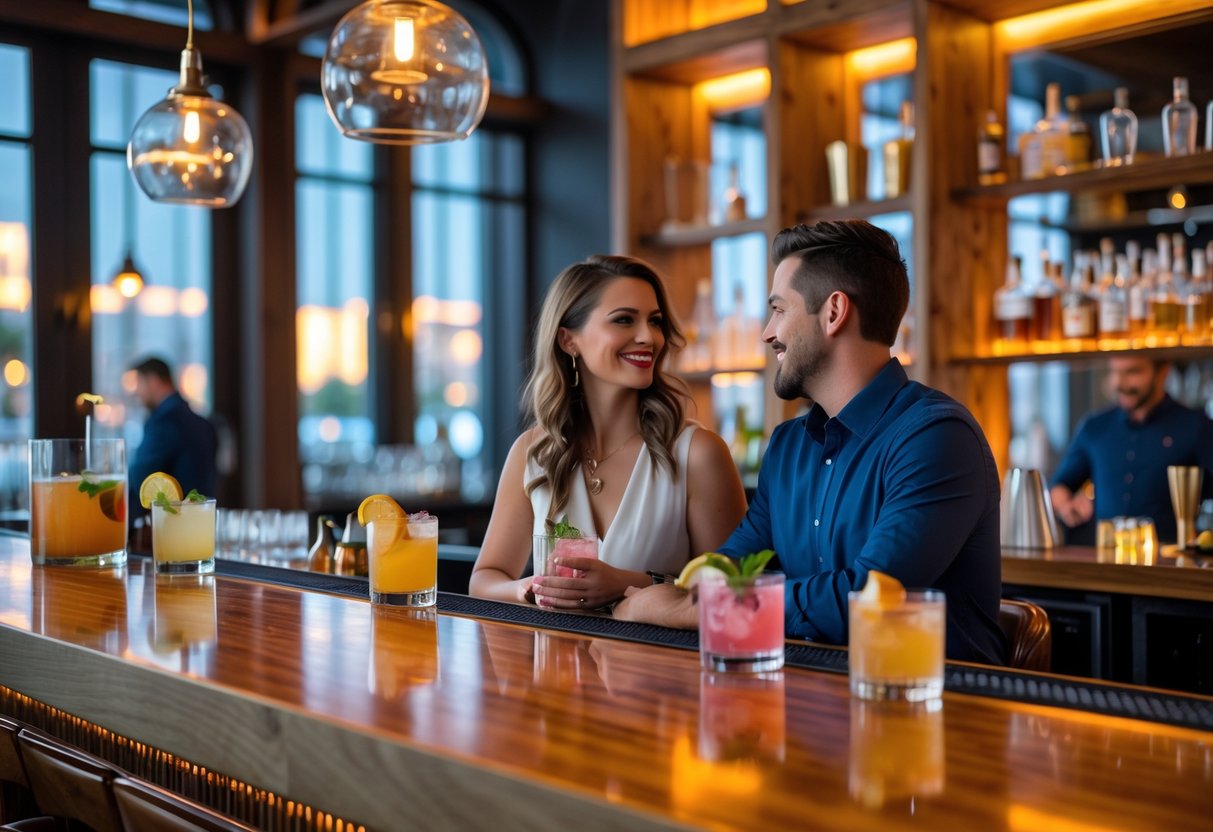 Two people enjoying craft cocktails at a bar in downtown Bradenton.
