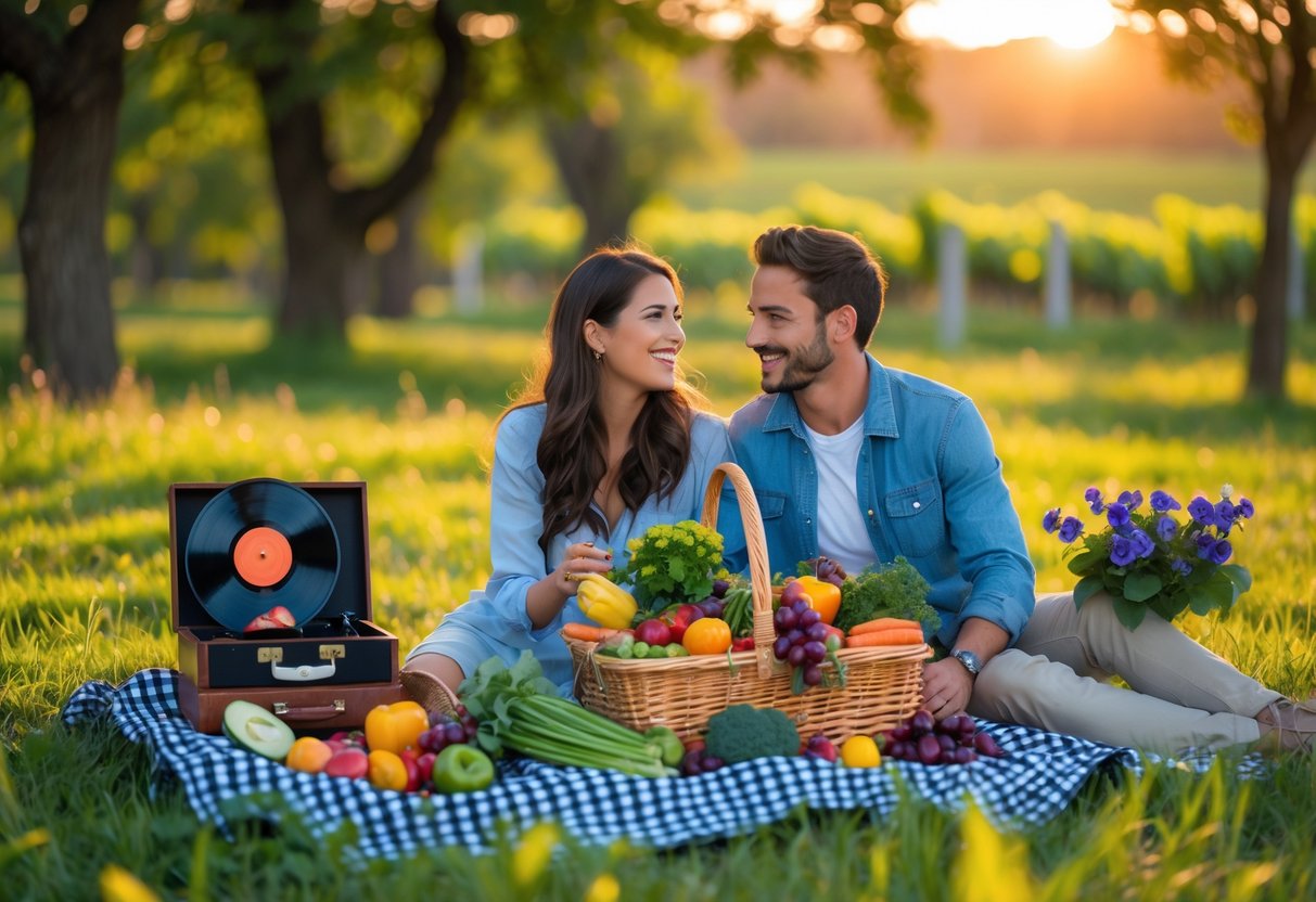 A couple enjoying a picnic in a park with fresh vegetables, fruits, a vinyl record player, and a bouquet of violets.