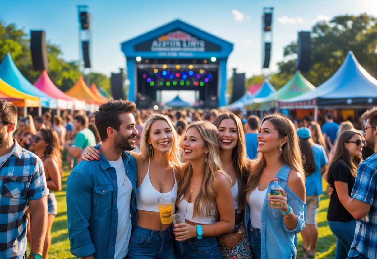 Couples enjoying a lively outdoor music festival with tents, food trucks, and stages in the background on a sunny day.